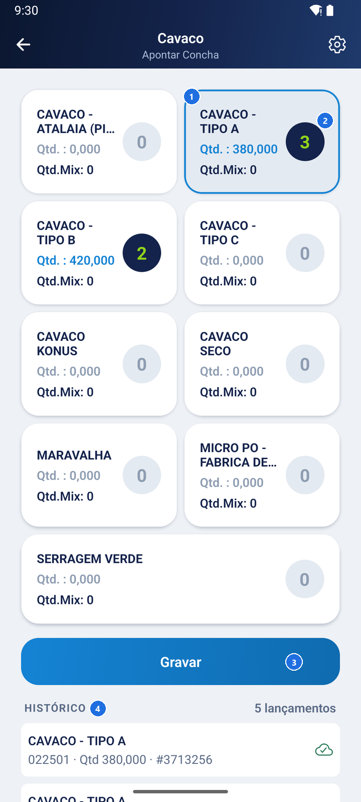 Tela Cavaco - Apontar Concha com os cartões dos itens, o item CAVACO - TIPO A destacado com 3 conchas, o botão Gravar e o Histórico com cinco lançamentos