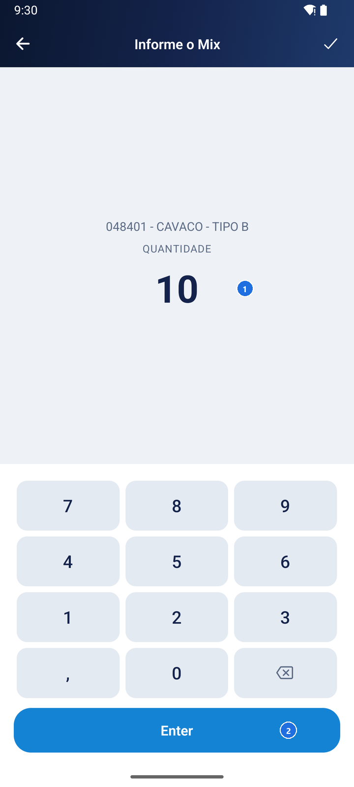 Tela Informe o Mix com o item 048401 - CAVACO - TIPO B, quantidade 10 e o botão Enter