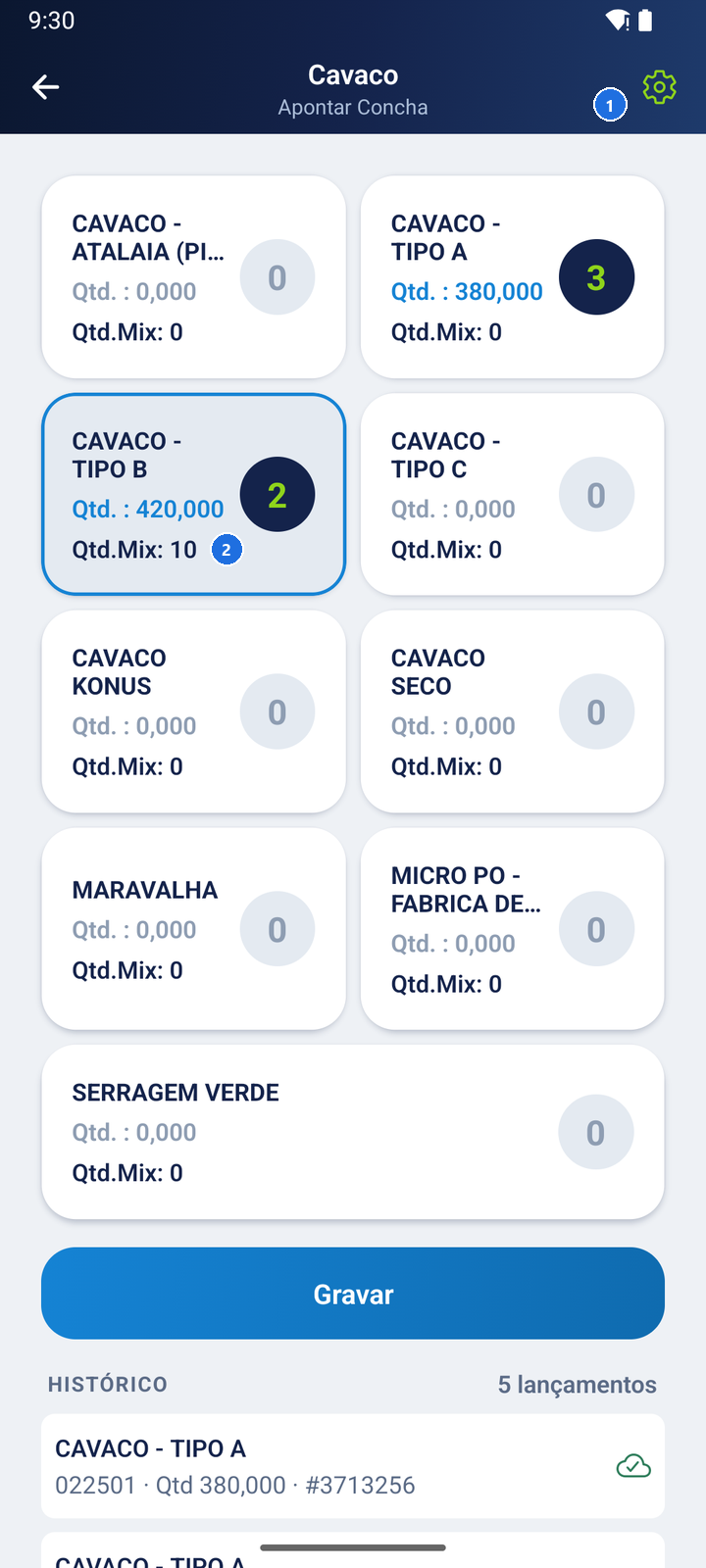 Tela Apontar Concha com a engrenagem do cabeçalho em verde e o item CAVACO - TIPO B com Qtd.Mix 10