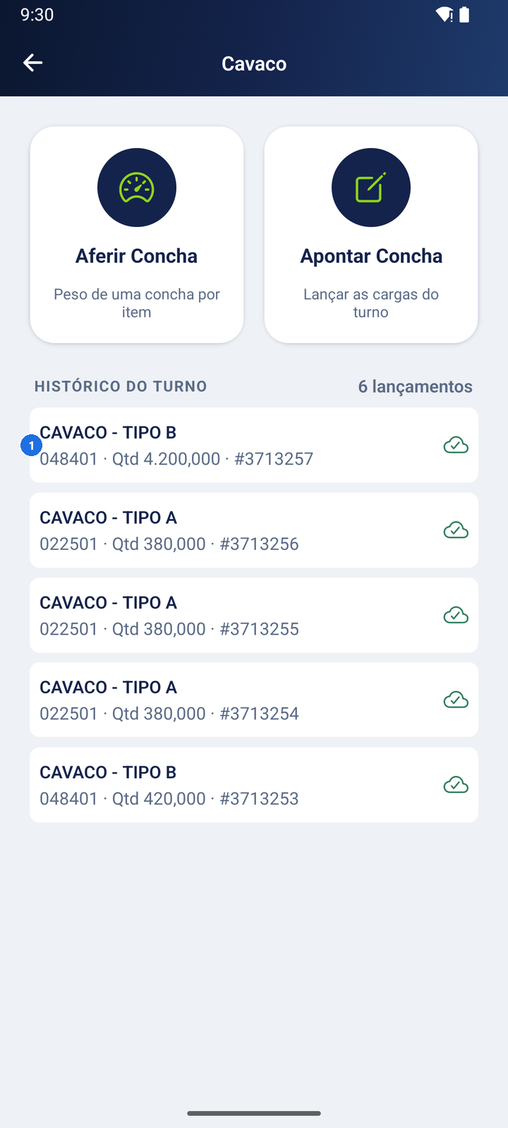 Histórico do turno do Cavaco com seis lançamentos, incluindo CAVACO - TIPO B com quantidade 4.200,000 gerada pelo Mix