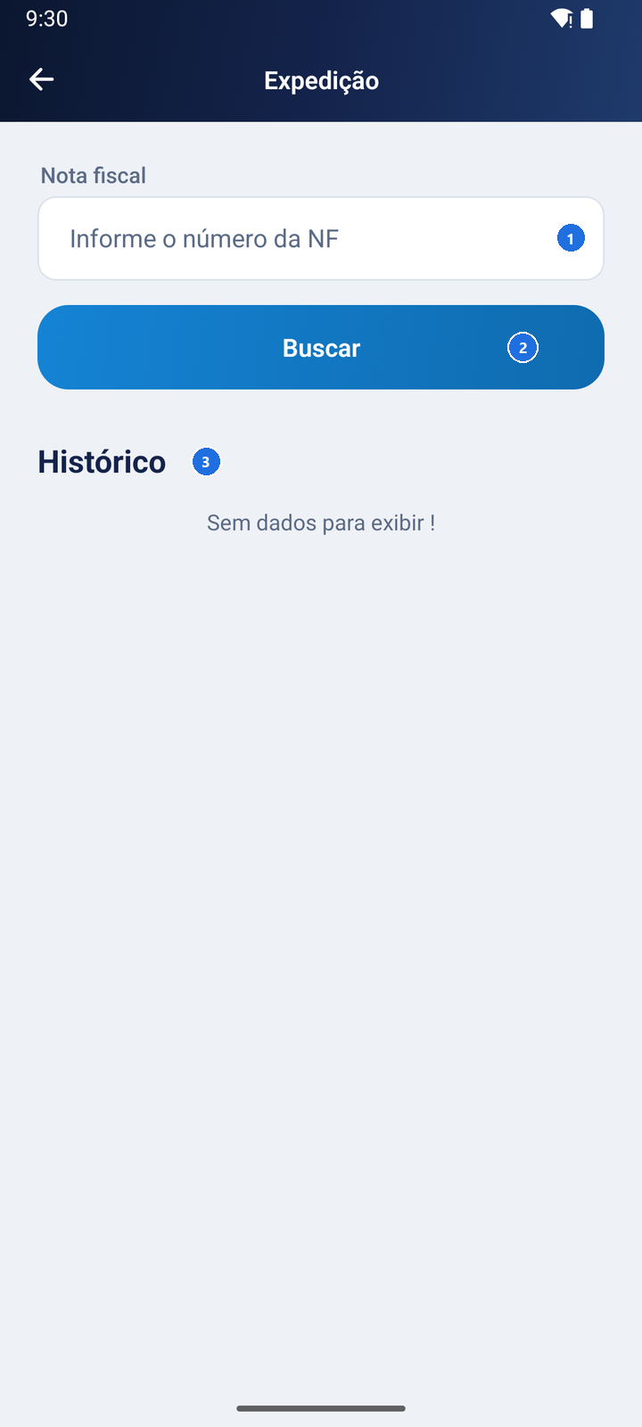 Tela Expedição com o campo Informe o número da NF, o botão Buscar e o Histórico sem dados