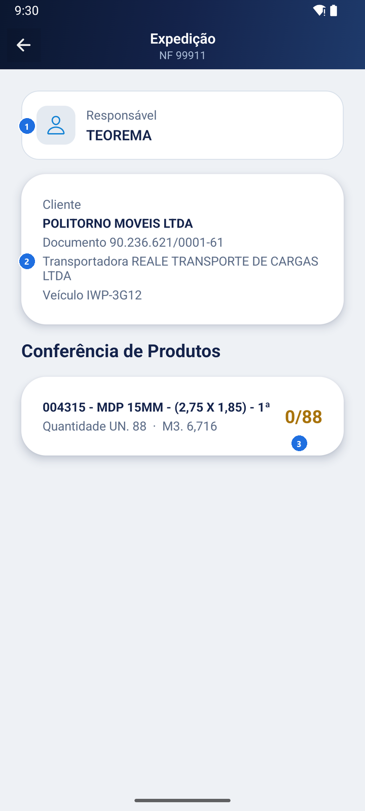 Tela Expedição NF 99911 com o responsável pela conferência, os dados do cliente, transportadora e veículo, e o produto MDP 15MM - (2,75 X 1,85) - 1ª com 0/88 conferidos