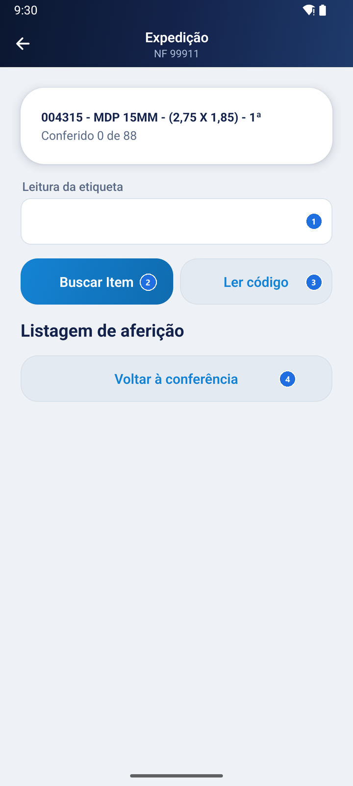 Tela Conferência do produto 004315 - MDP 15MM - (2,75 X 1,85) - 1ª, com o campo Leitura da etiqueta, os botões Buscar Item e Ler código e a Listagem de aferição vazia