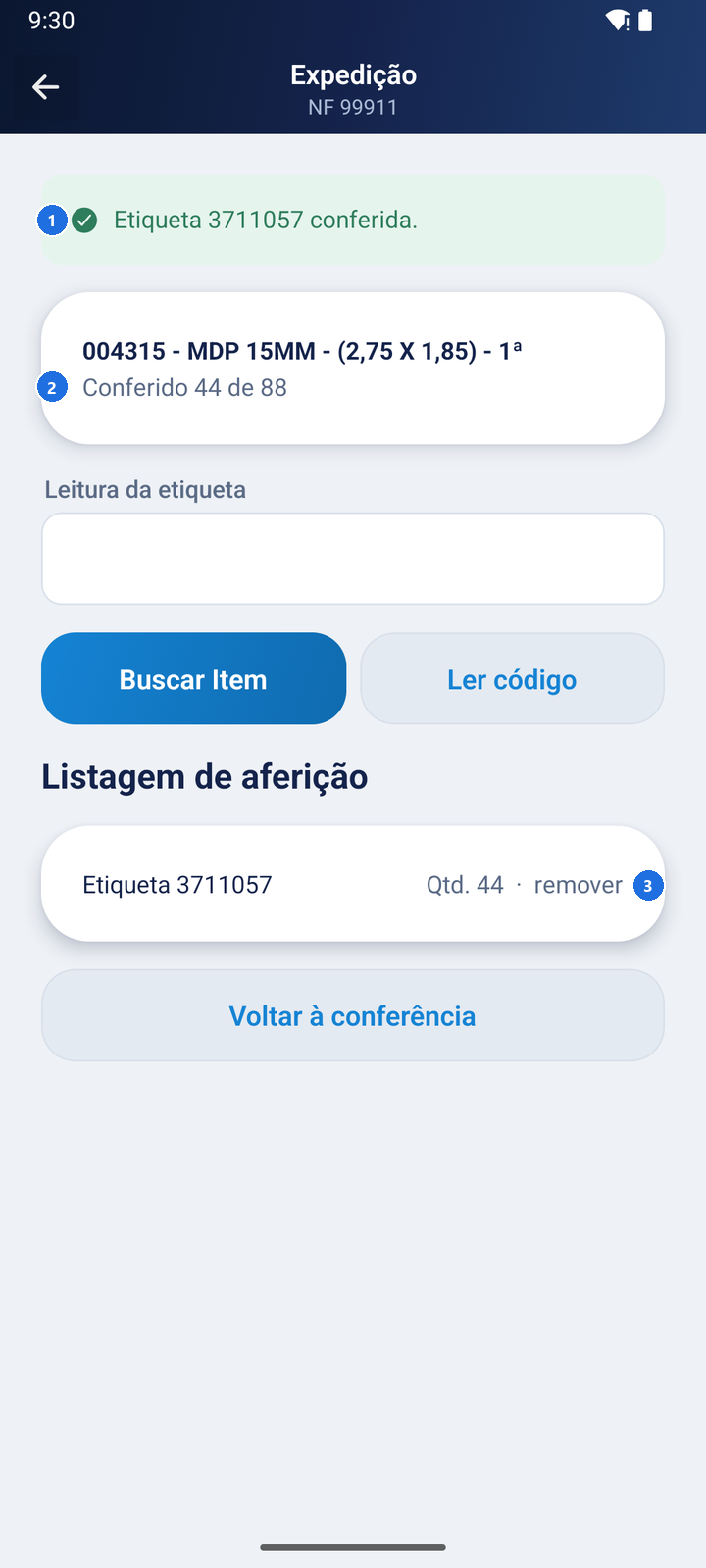 Tela de conferência com a mensagem Etiqueta 3711057 conferida, Conferido 44 de 88 e a etiqueta na Listagem de aferição com quantidade 44 e a opção remover