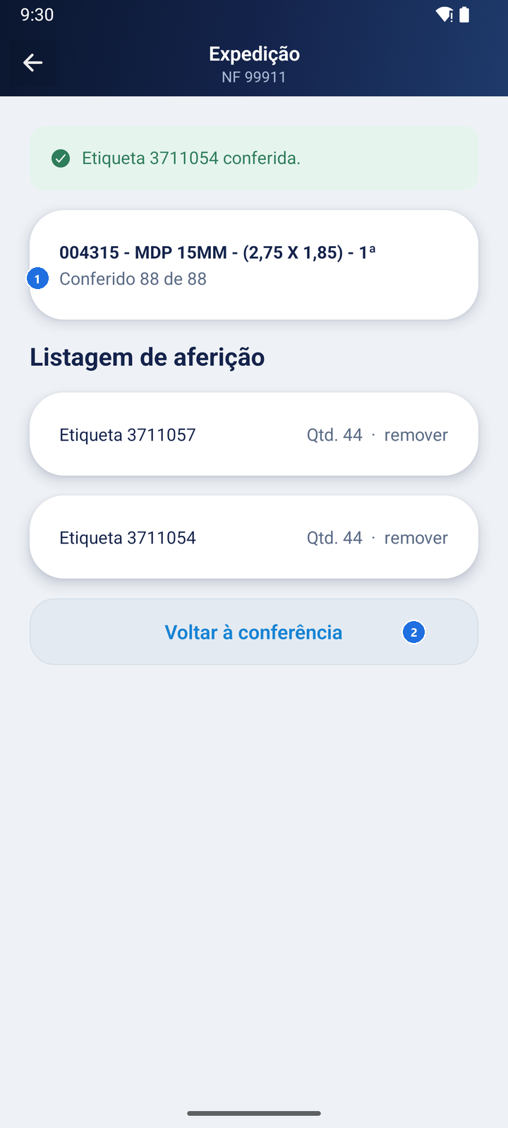 Tela de conferência com Conferido 88 de 88 e as etiquetas 3711057 e 3711054 na Listagem de aferição