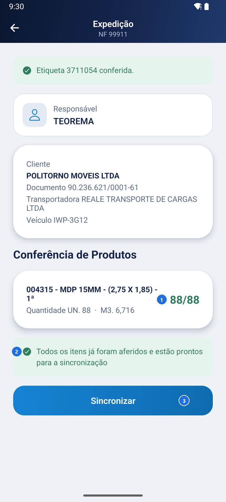 Tela de conferência com o produto 88/88, a mensagem Todos os itens já foram aferidos e estão prontos para a sincronização e o botão Sincronizar