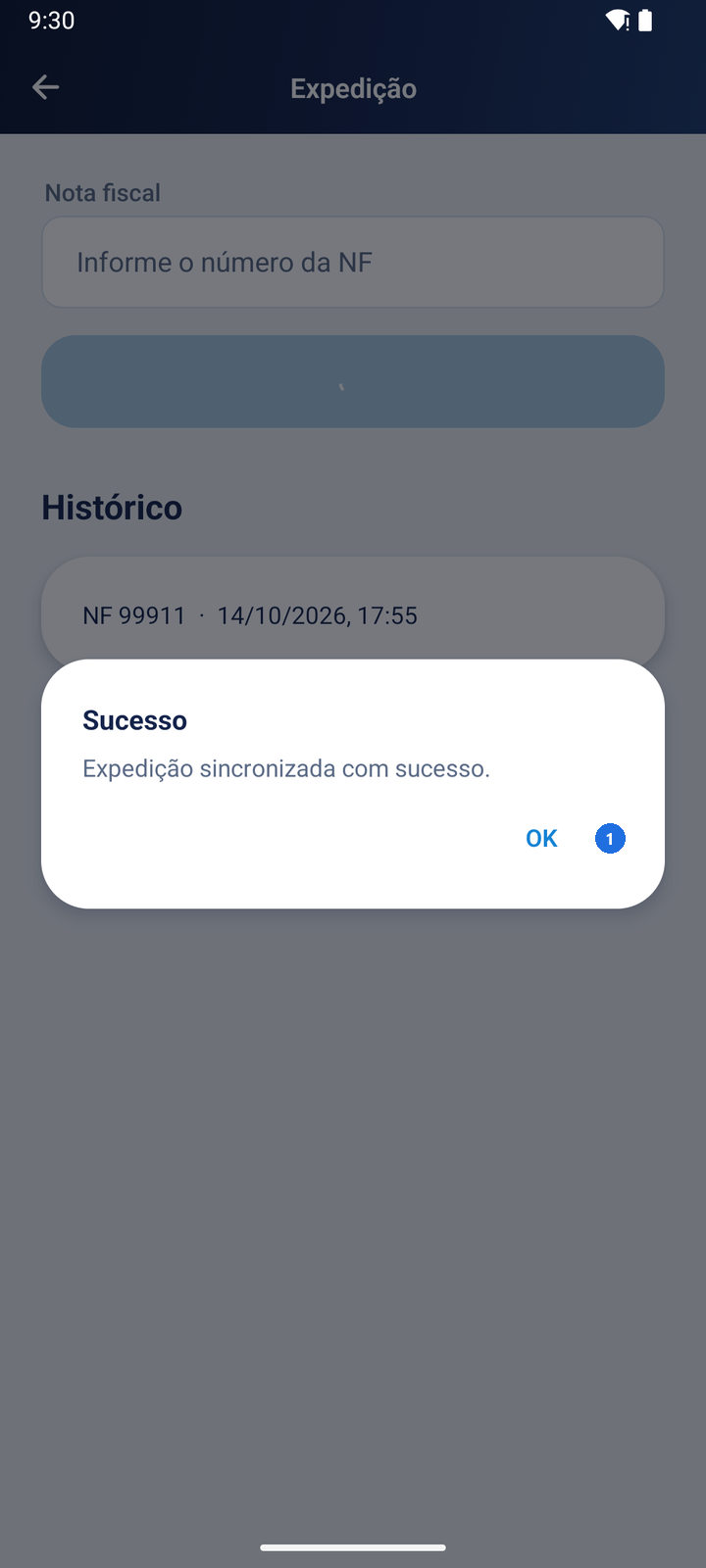 Caixa de diálogo Sucesso com a mensagem Expedição sincronizada com sucesso e o botão OK