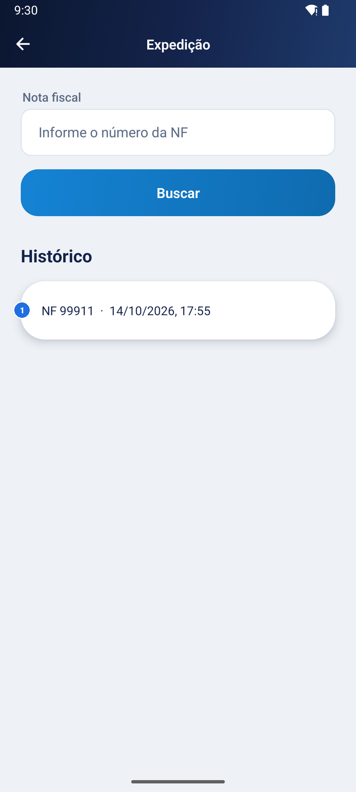 Histórico da Expedição com a nota NF 99911 e a data e a hora 14/10/2026, 17:55