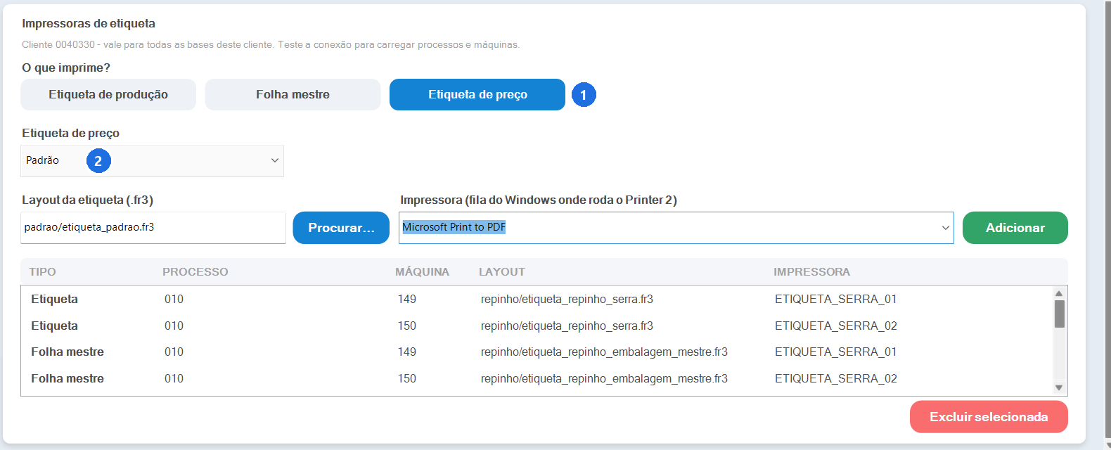 Cartão Impressoras de etiqueta com a opção Etiqueta de preço selecionada, tipo Padrão, layout padrao/etiqueta_padrao.fr3 e impressora Microsoft Print to PDF