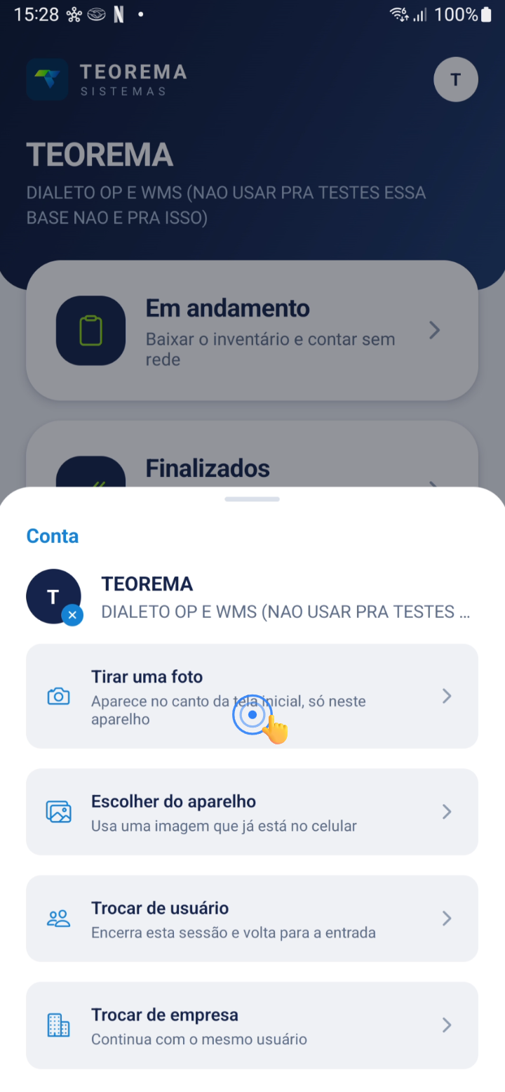Modal Conta com as opções Tirar uma foto, Escolher do aparelho, Trocar de usuário e Trocar de empresa