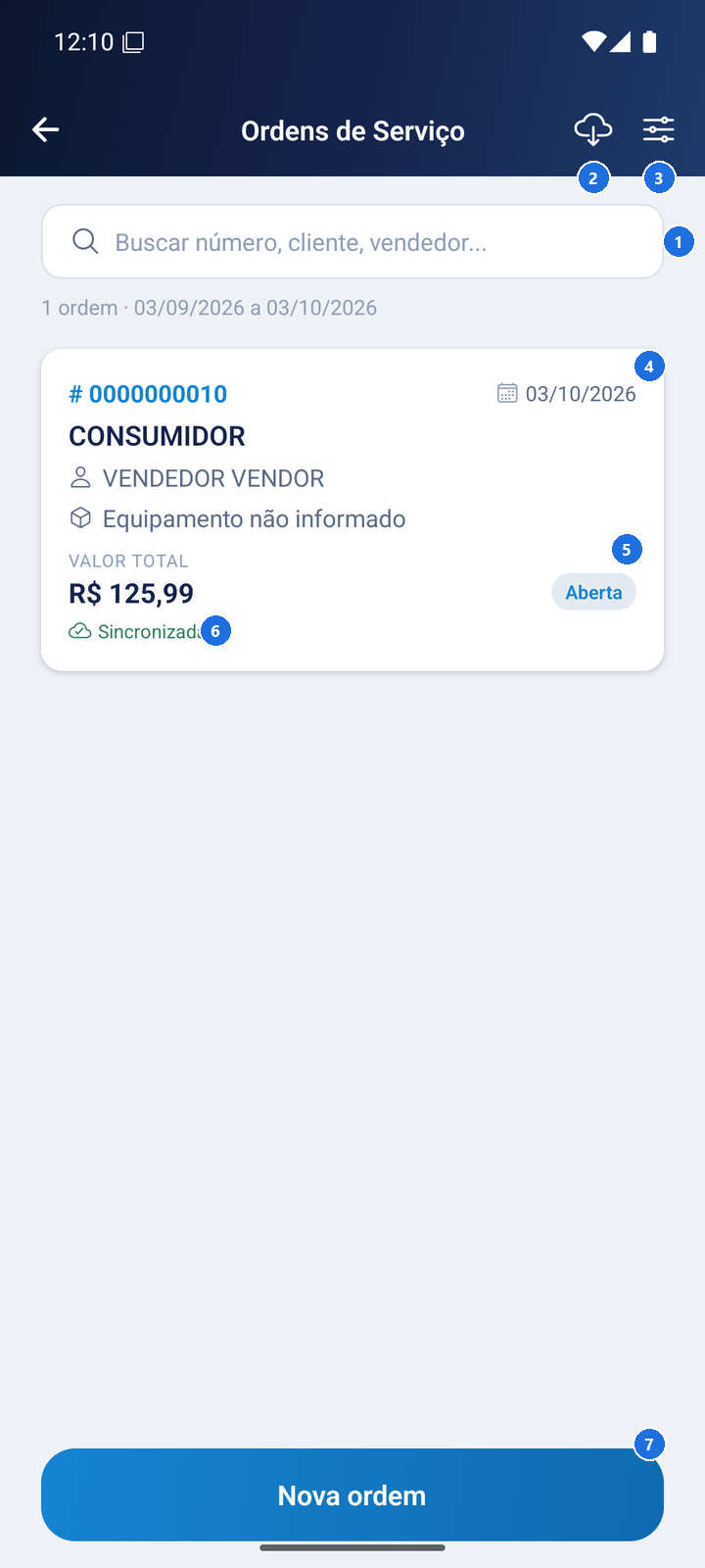 Tela Ordens de Serviço com a busca, os botões de sincronização e de filtros, um cartão de ordem e o botão Nova ordem