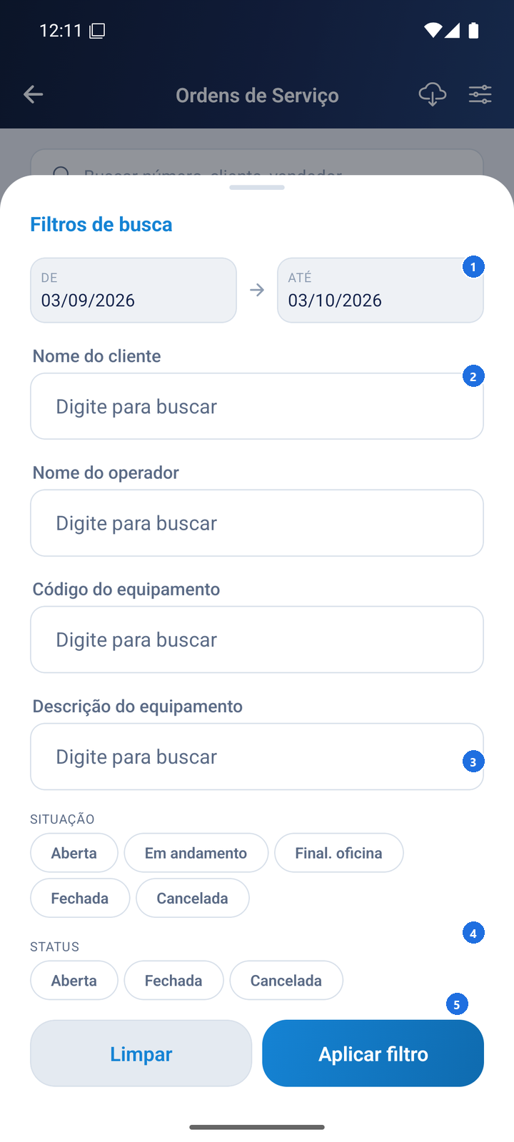 Tela Filtros de busca com os campos De e Até, Nome do cliente, Nome do operador, Código e Descrição do equipamento, as opções de Situação e Status e os botões Limpar e Aplicar filtro