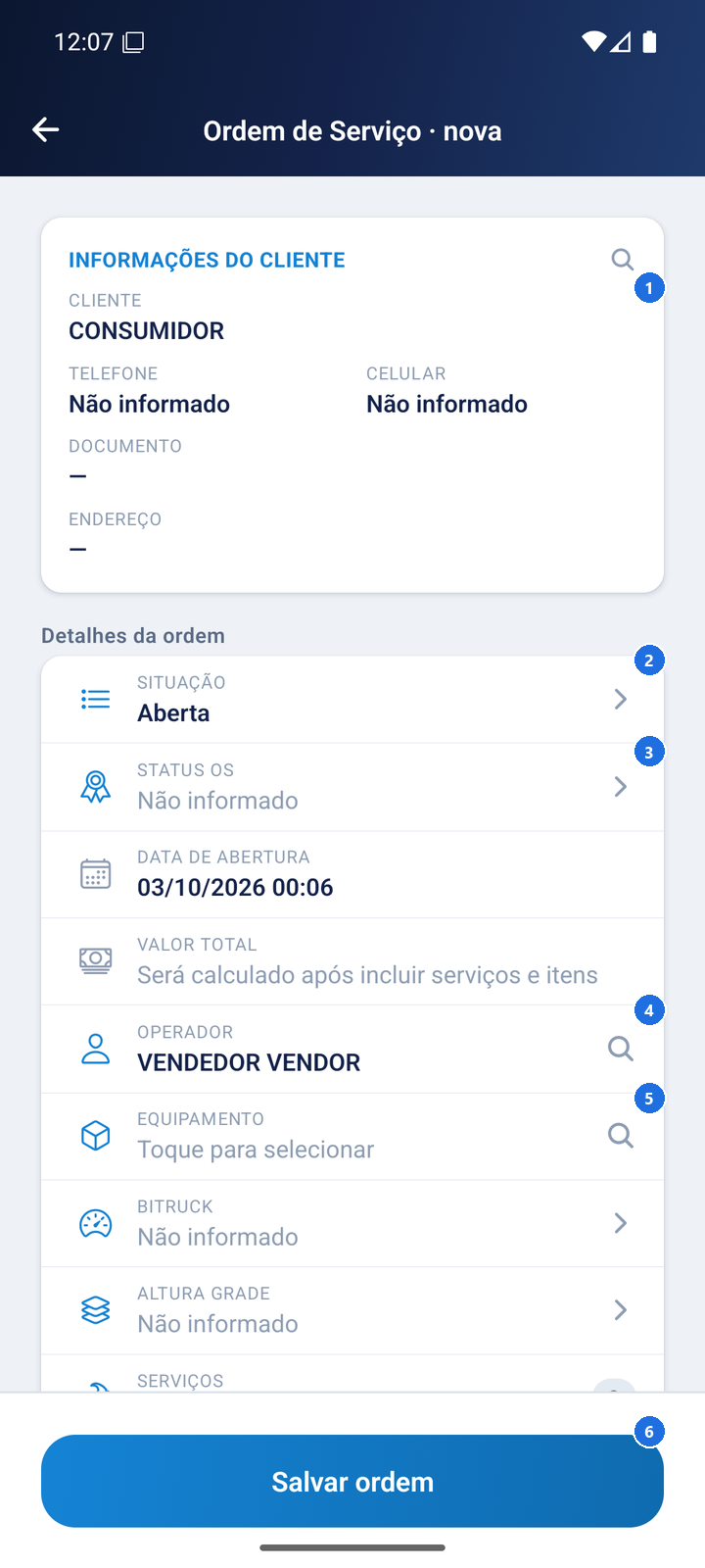 Tela Ordem de Serviço nova com o cartão Informações do cliente e os campos Situação, Status OS, Data de abertura, Valor total, Operador e Equipamento, além do botão Salvar ordem