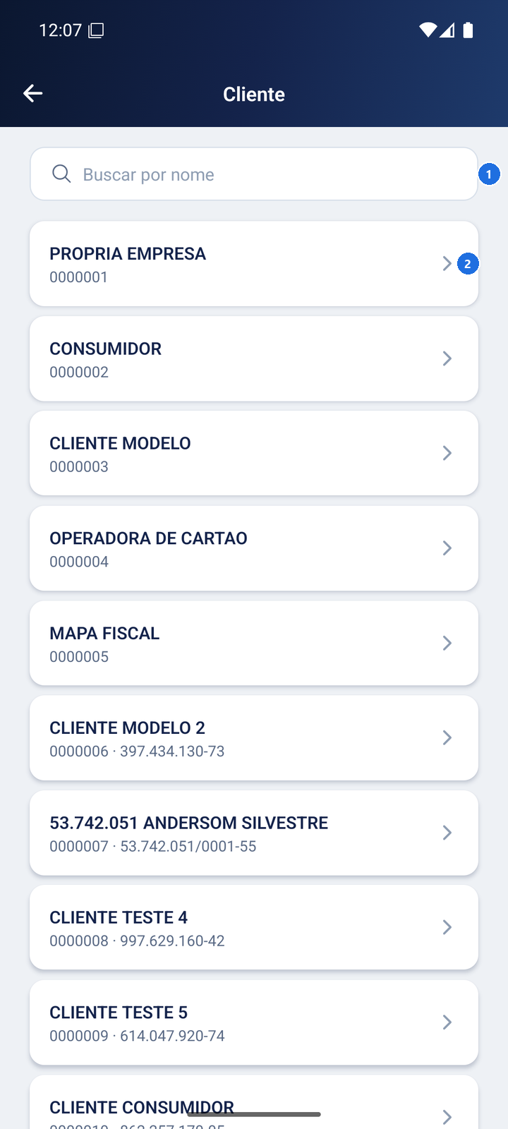 Tela Cliente com o campo Buscar por nome e a lista de clientes cadastrados