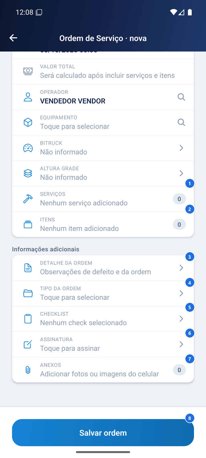 Tela Ordem de Serviço nova na seção Informações adicionais, com Serviços, Itens, Detalhe da ordem, Tipo da ordem, Checklist, Assinatura, Anexos e o botão Salvar ordem