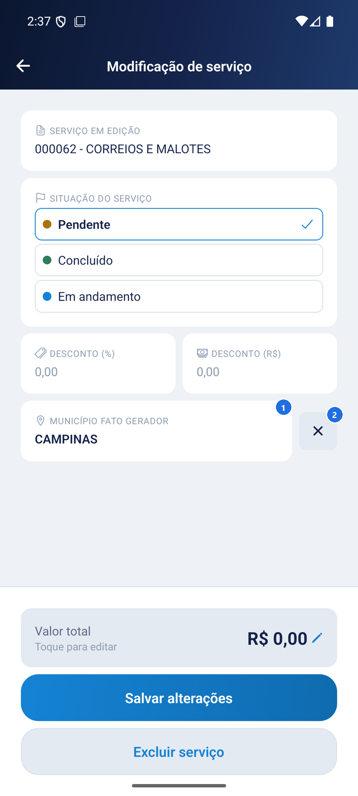 Tela Modificação de serviço com o campo Município fato gerador preenchido e o botão X ao lado para limpá-lo
