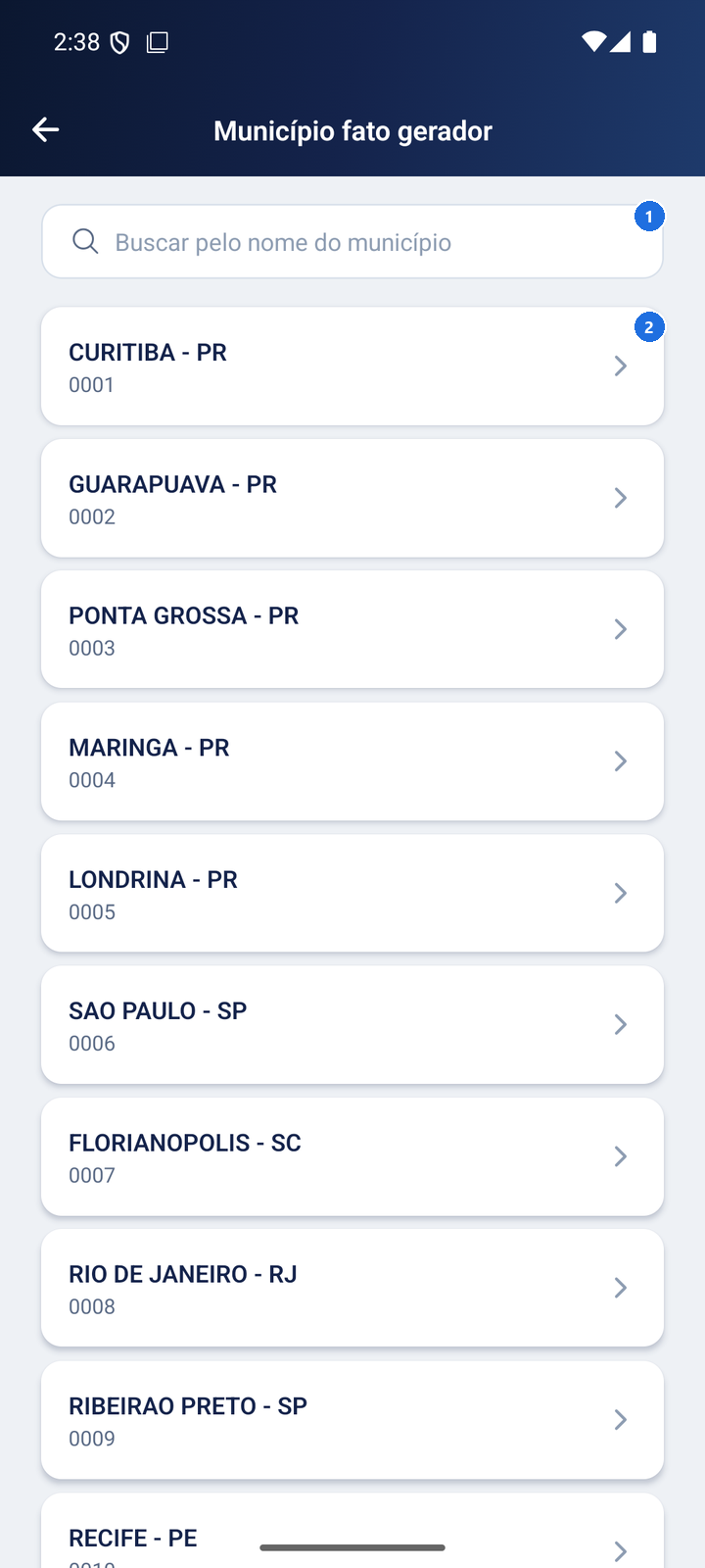Tela Município fato gerador com o campo de busca pelo nome do município e a lista de municípios cadastrados