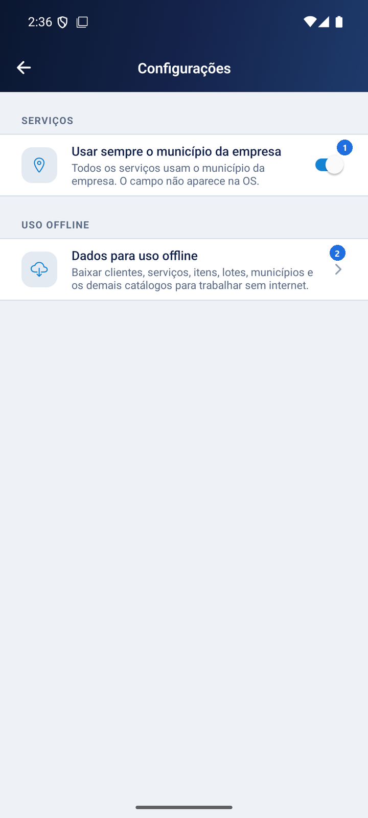 Tela Configurações com a opção Usar sempre o município da empresa ativada e a opção Dados para uso offline