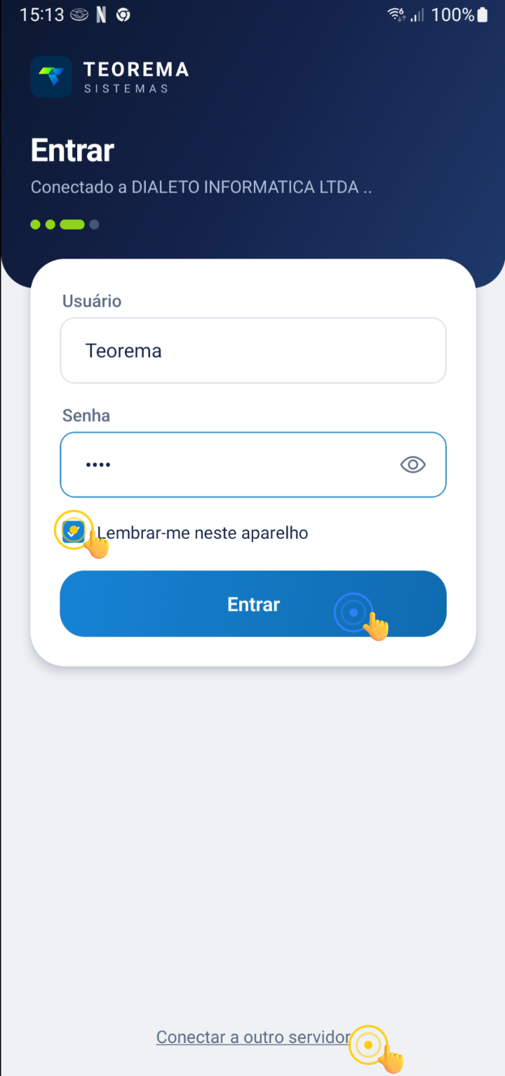 Tela Entrar com os campos Usuário e Senha, a opção Lembrar-me neste aparelho marcada e o botão Entrar