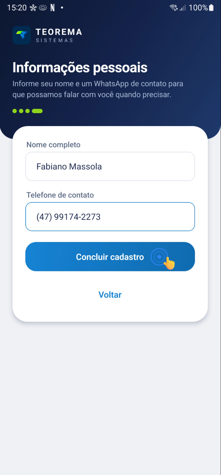Tela Informações pessoais com os campos Nome completo e Telefone de contato e o botão Concluir cadastro