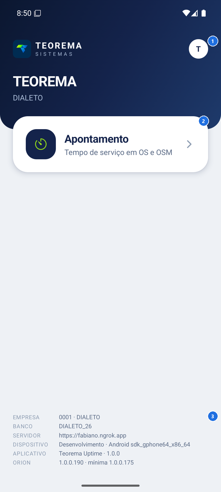 Tela inicial do app com o card Apontamento e o rodapé com empresa, banco, servidor, aparelho, versão do app e versão do servidor Orion