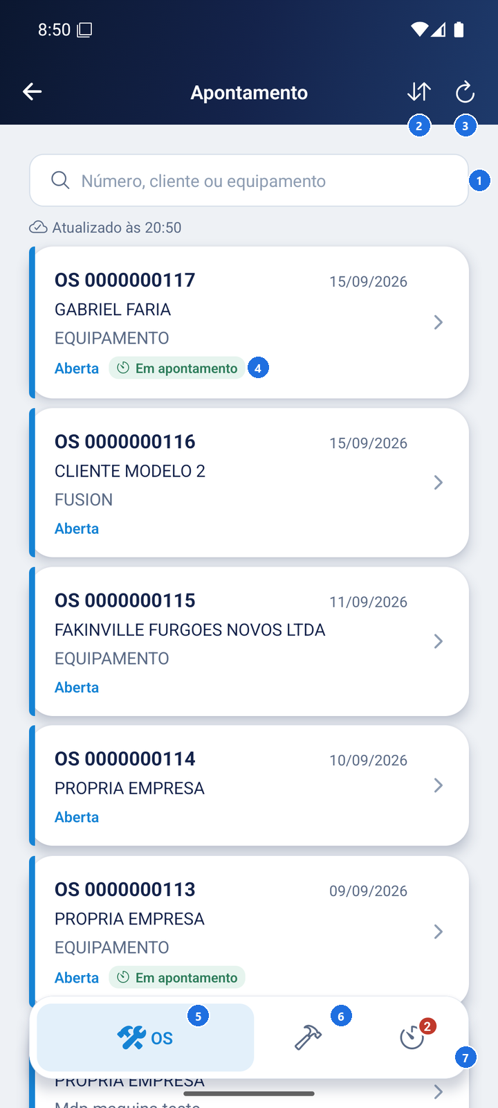 Lista Apontamento com o campo de busca, as abas OS, OSM e Em andamento e os documentos abertos