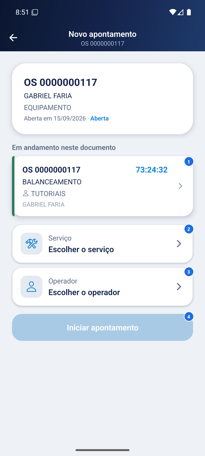 Tela Novo apontamento com a OS selecionada, o apontamento em andamento, os campos Serviço e Operador e o botão Iniciar apontamento