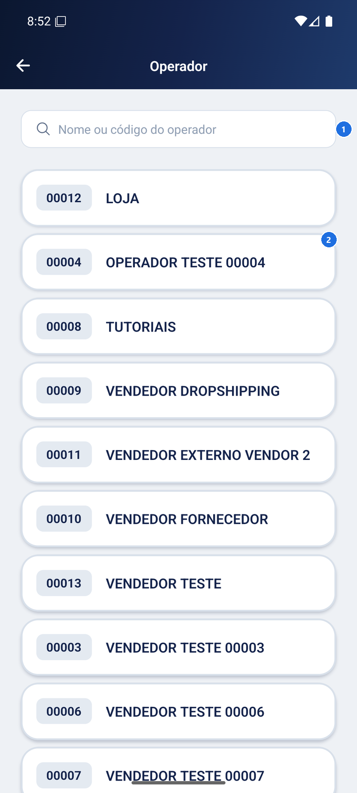 Lista Operador com o campo de busca e os operadores cadastrados, identificados por código e nome