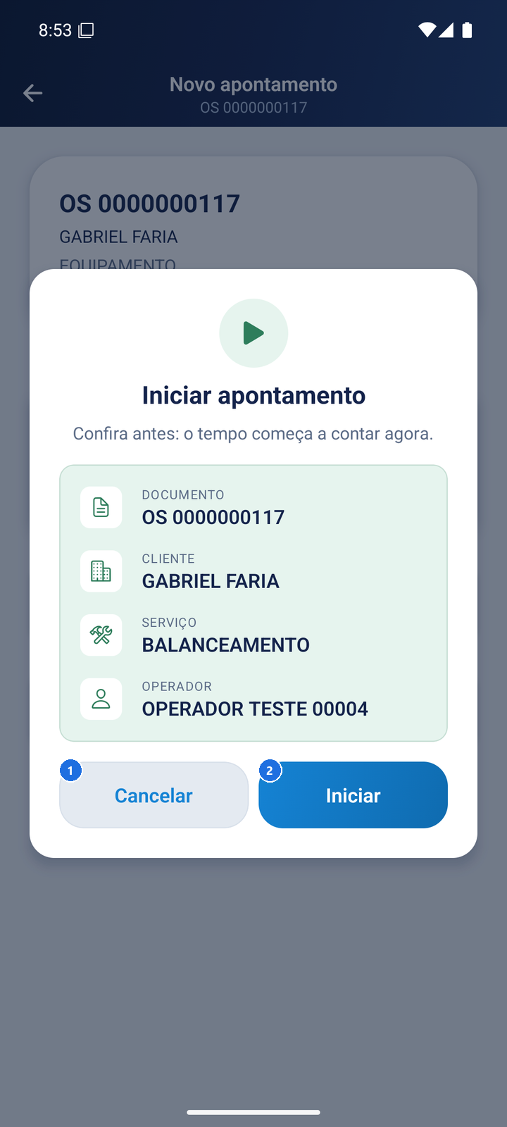 Modal Iniciar apontamento com documento, cliente, serviço e operador e os botões Cancelar e Iniciar