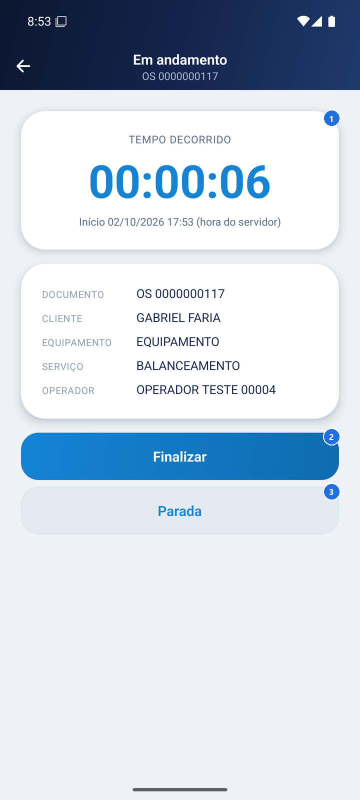 Tela Em andamento com o tempo decorrido, os dados do apontamento e os botões Finalizar e Parada