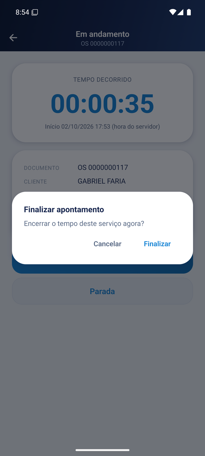 Diálogo Finalizar apontamento com os botões Cancelar e Finalizar