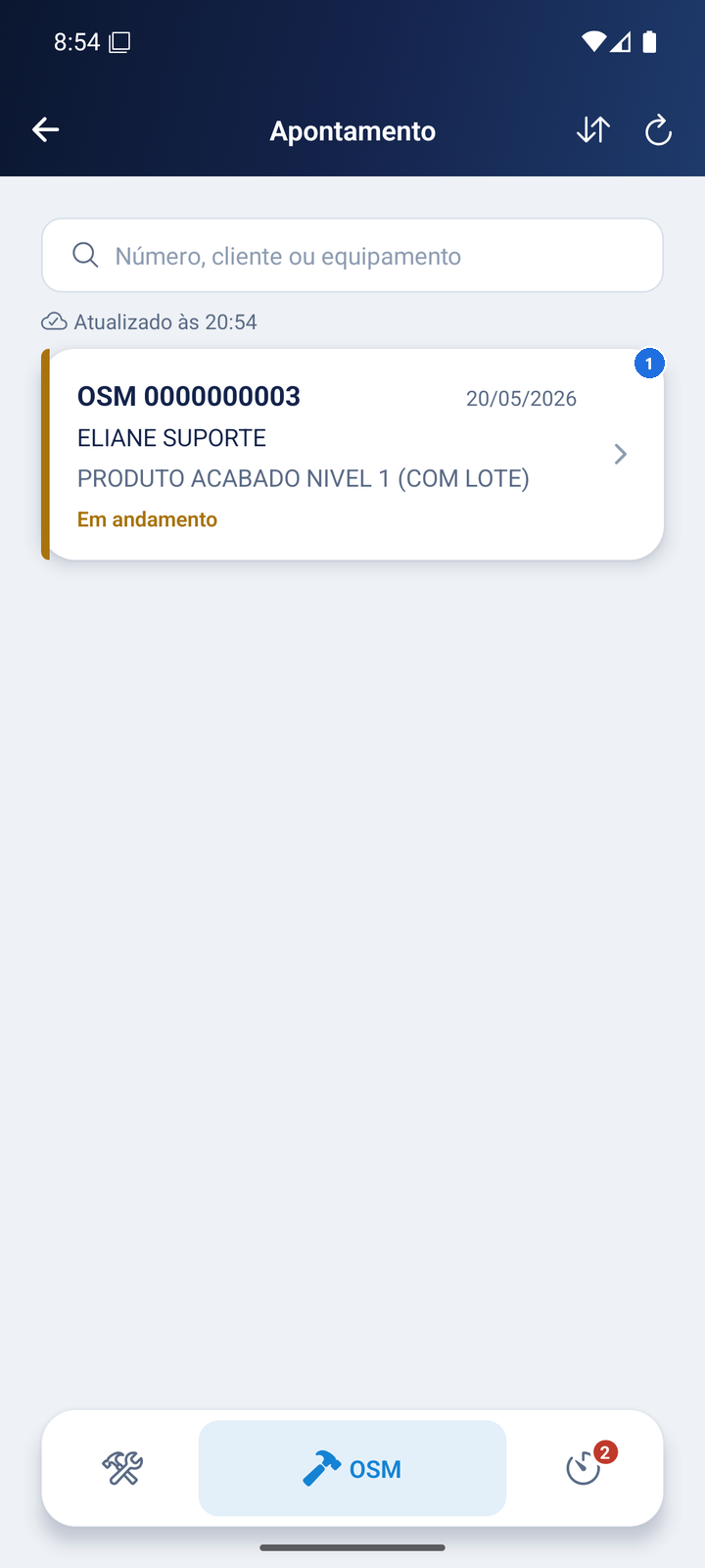 Aba OSM com a OSM 0000000003 listada com a etiqueta Em andamento