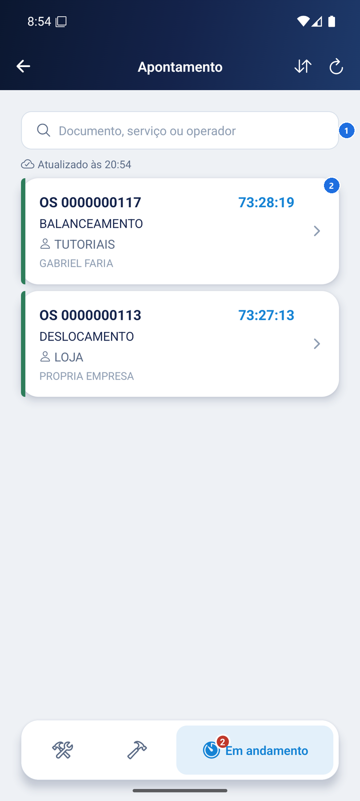 Aba Em andamento com o campo de busca por documento, serviço ou operador e os apontamentos abertos