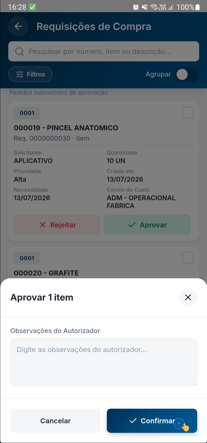 Formulário com campo de texto "Observação do Autorizador" preenchido