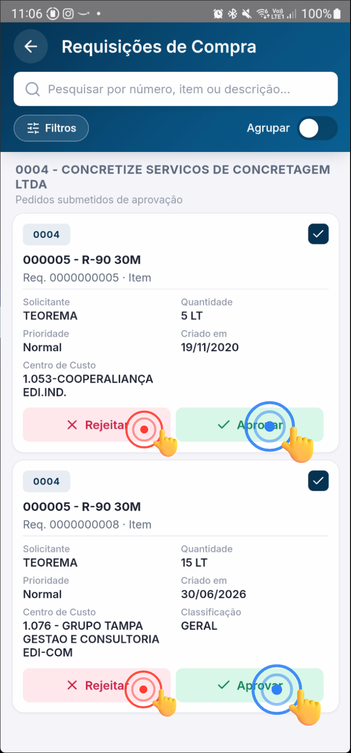 Botões "Reprovar" e "Aprovar" visíveis após seleção de itens