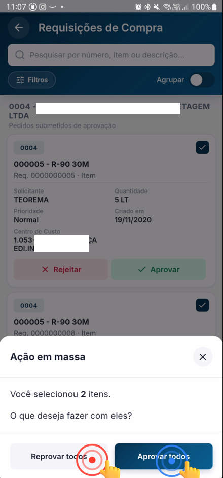 Diálogo de confirmação com informações sobre a operação e botões de confirmação