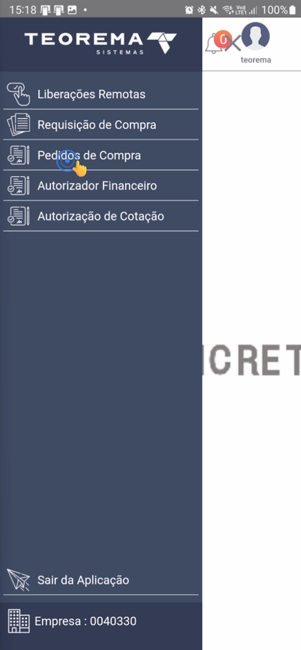 Tela com menu destacando a opção "Pedidos de Compra"