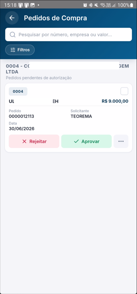 Listagem de pedidos de compra com informações de número, status e detalhes