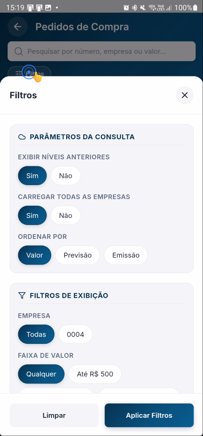 Painel de filtros para pedidos de compra