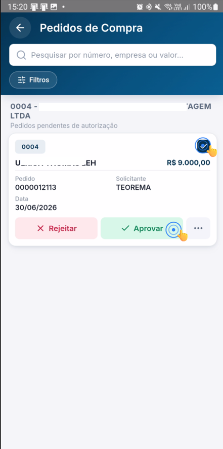 Listagem com um pedido de compra destacado para seleção