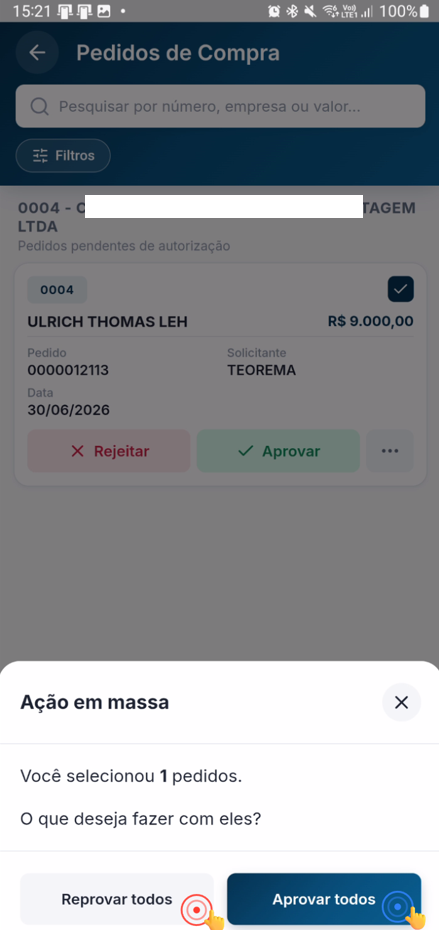 Janela com opções de aprovação ou reprovação do pedido