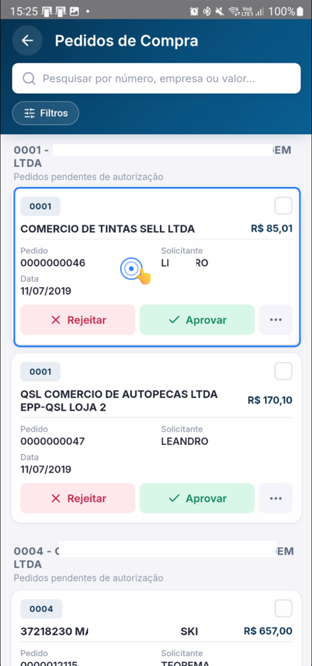 Tela de detalhe do pedido com informações gerais e abas de conteúdo