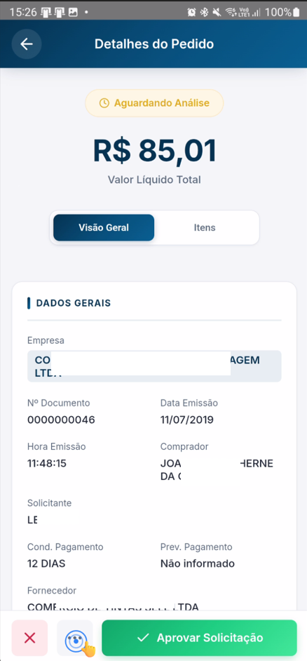 Painel de visão geral com dados do pedido e botão para observações