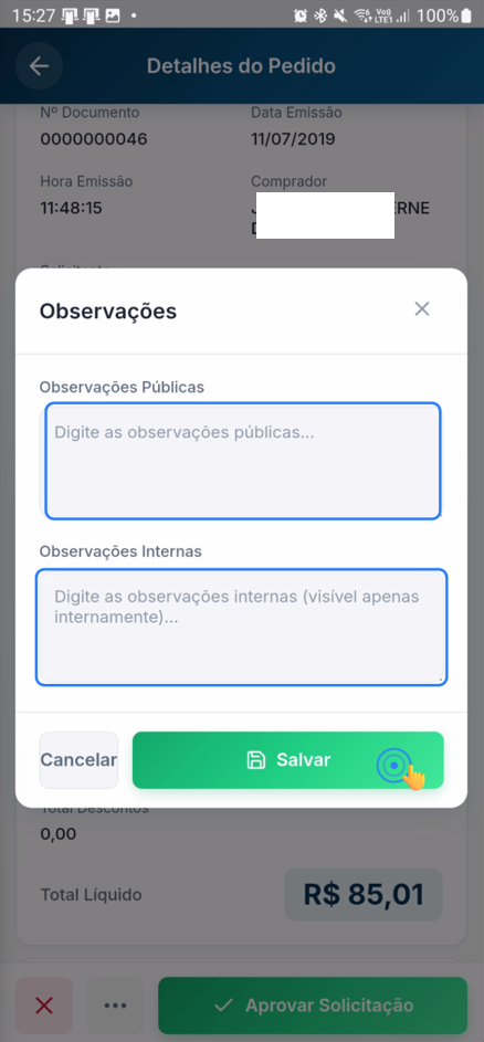 Campo de texto para preenchimento de observações do pedido