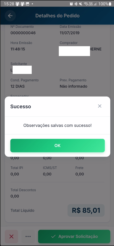 Mensagem de confirmação do salvamento