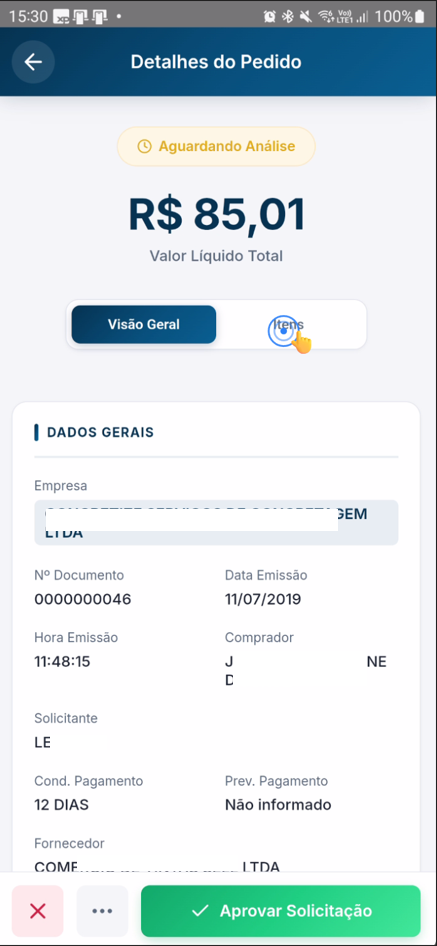 Tela com aba "Itens" destacada e lista de itens do pedido