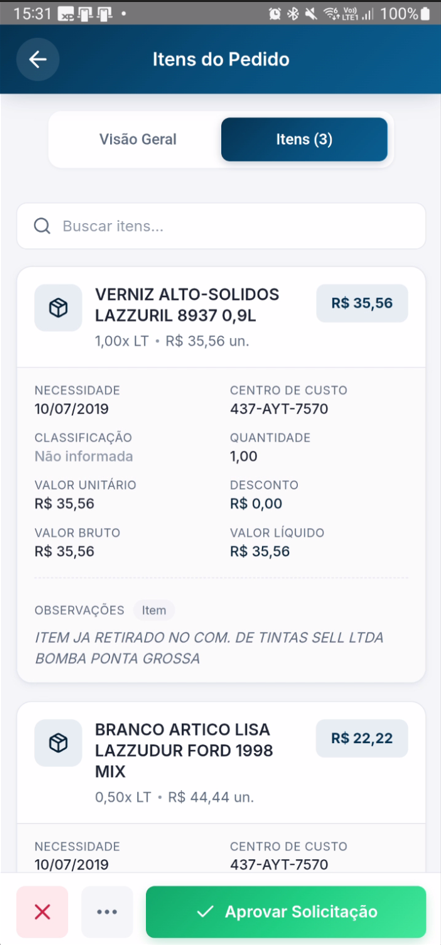 Listagem expandida de itens com especificações técnicas e valores
