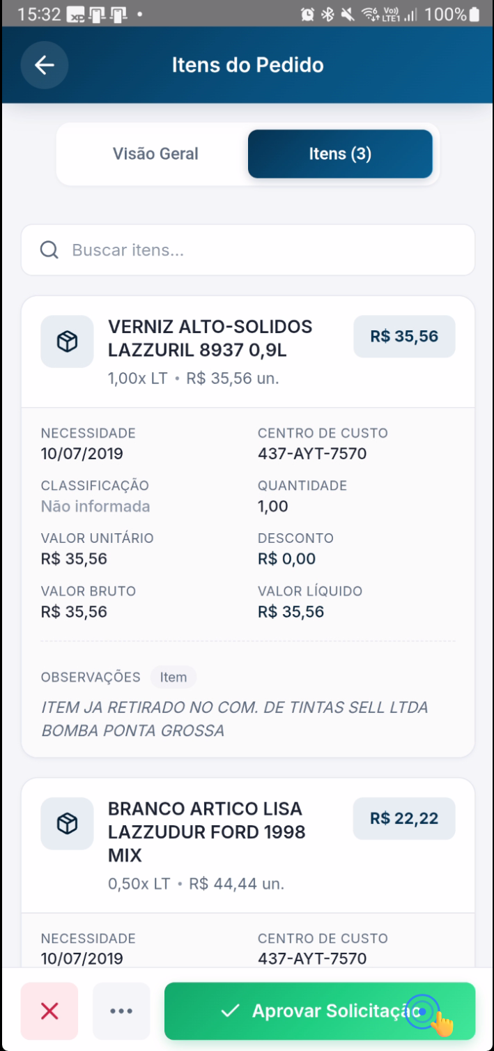 Botão "Aprovar" destacado na tela de detalhe do pedido
