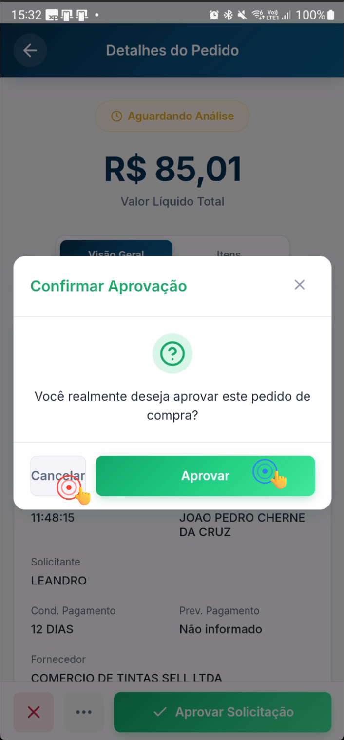 Diálogo de confirmação da aprovação com botões de ação