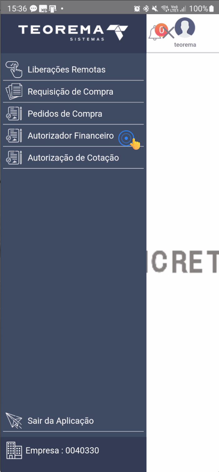 Tela inicial do Autorizador Financeiro com menu em destaque